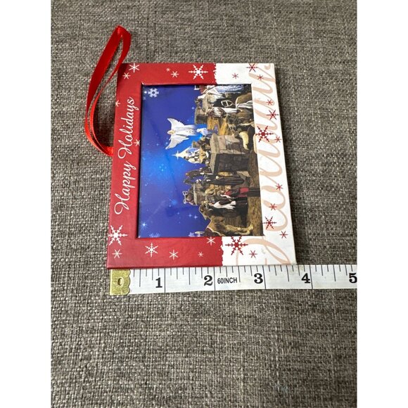 Nativity Scene Christmas Ornament w/ Red Ribbon Photo Frame Happy Holidays - Picture 6 of 6